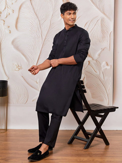 Men's Black Fine Satin Kurta